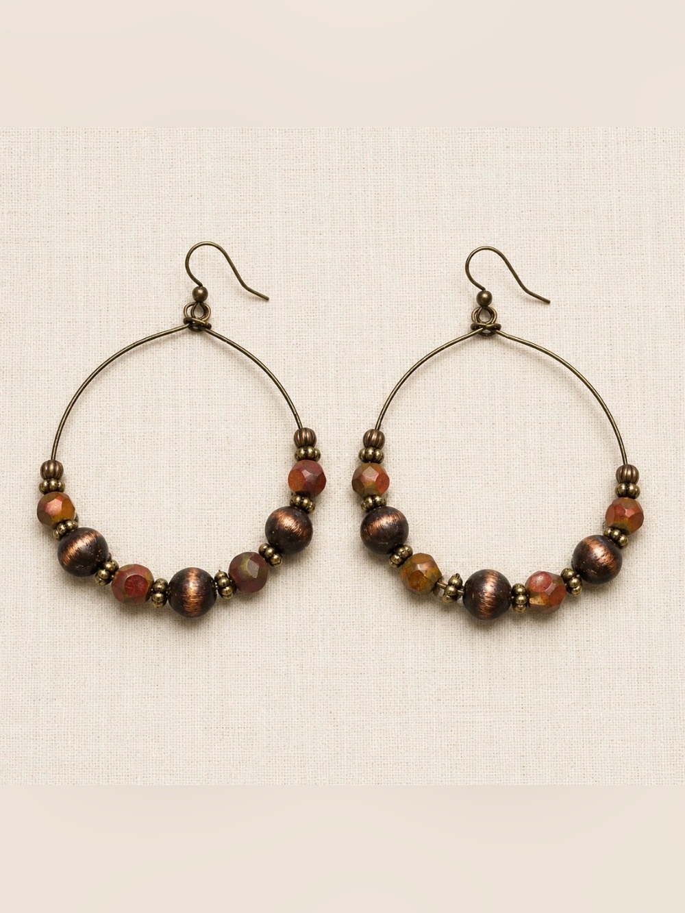 Boho Beaded Hoop Earrings Bronze Tone Earthy Multicolor Statement Dangles